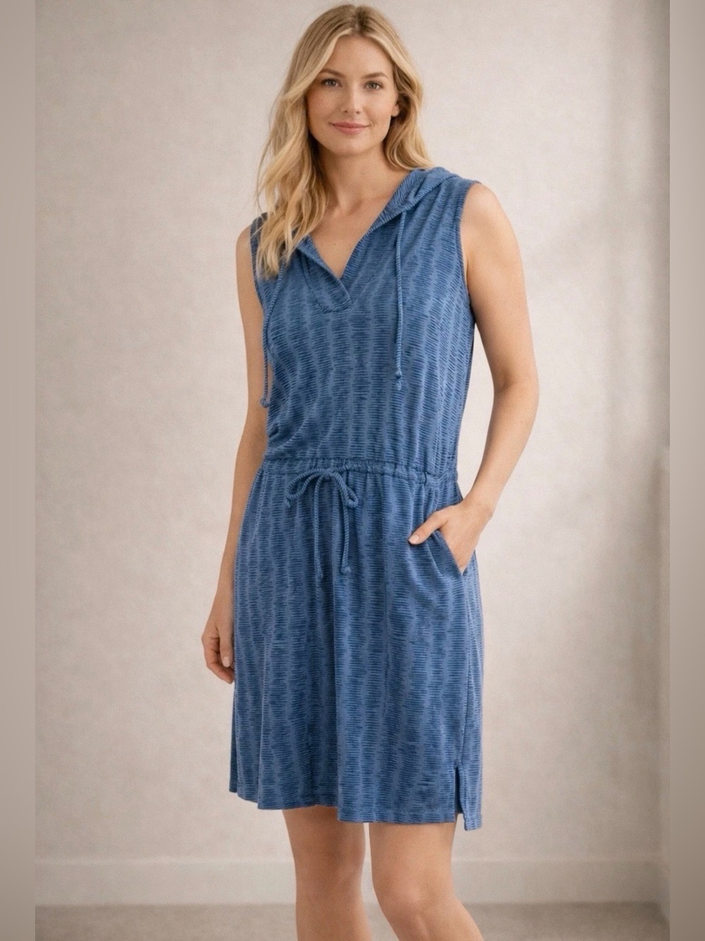 Synergy Organic Clothing Dress Large Blue Sleeveless Hooded Pockets EcoLuxe